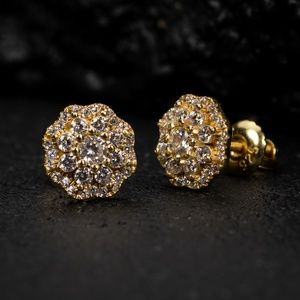 Yellow Gold 925 Sterling Silver Cluster Mens Stud Flower Cz Screw Back Earrings